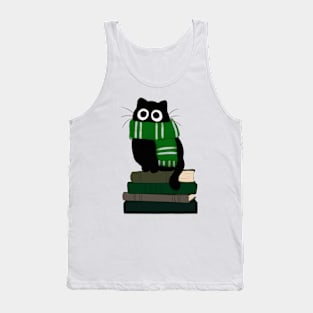 cat with green scarf on book stack Tank Top